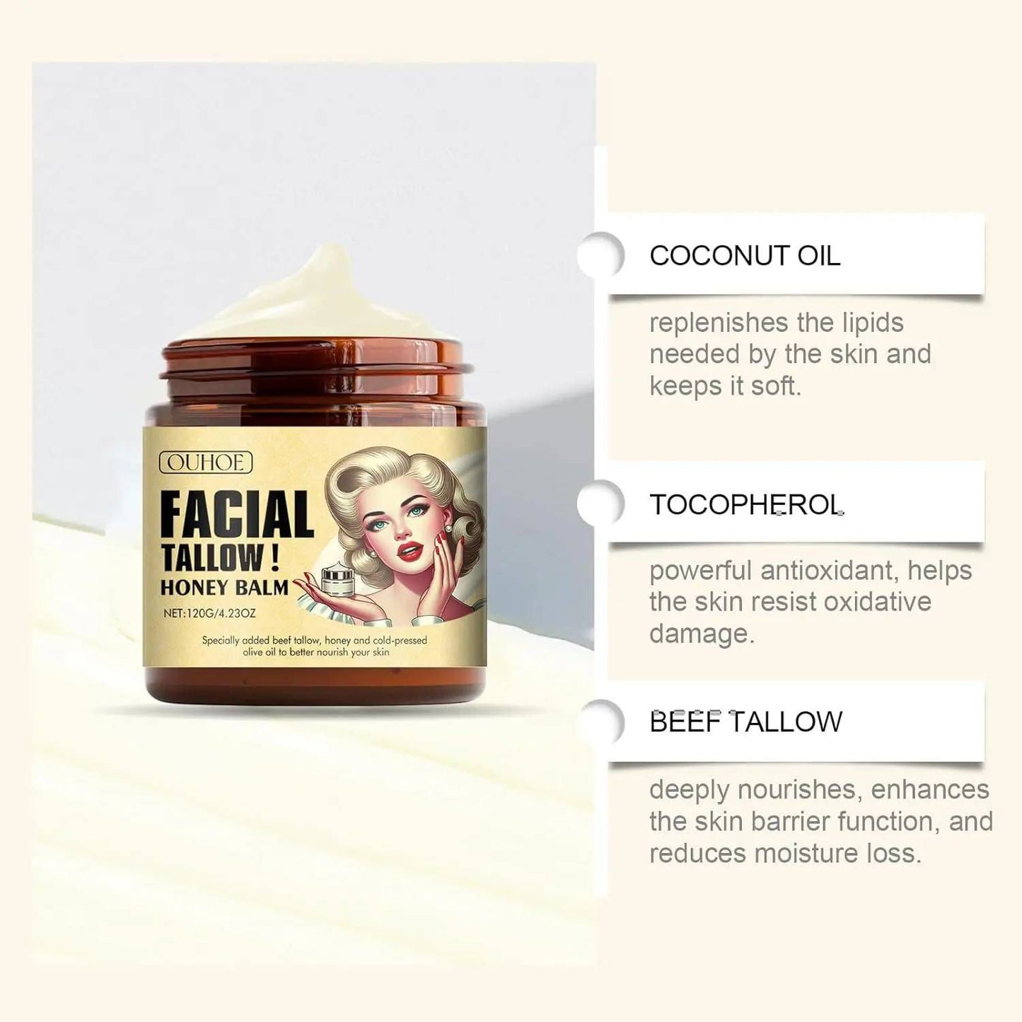 22025 Whipped Beef Tallow and Honey Balm Moisturizer for Skin, Face, Lips, Body - Unscented